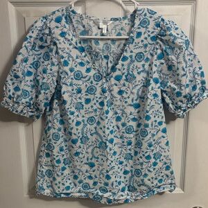 Draper James White Blouse with Blue Floral Print